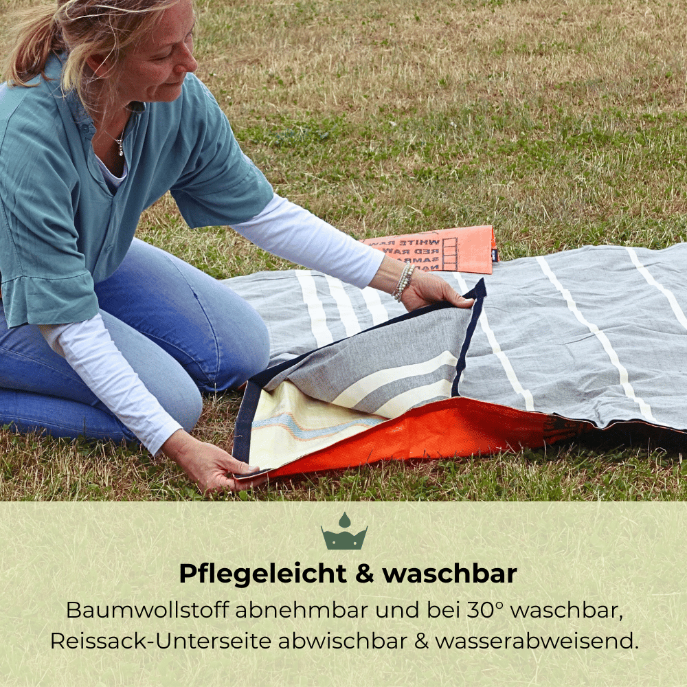 Frau zeigt abnehmbaren Baumwollstoff der Hundedecke von Goopsi - pfleeleicht und waschbar.