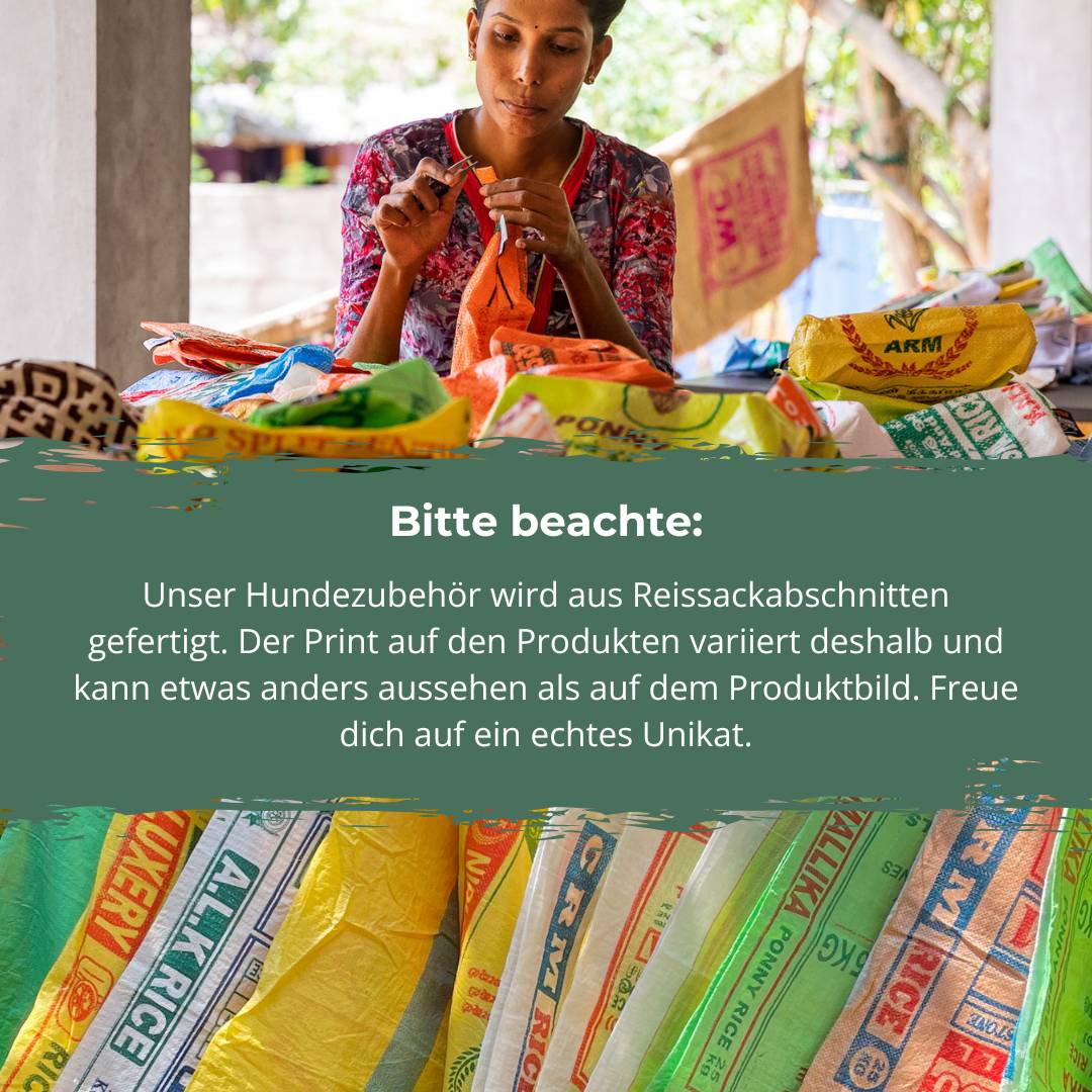 Hundezubehör aus recyceltem Reissackabschnitten ist einzigartig im Design.