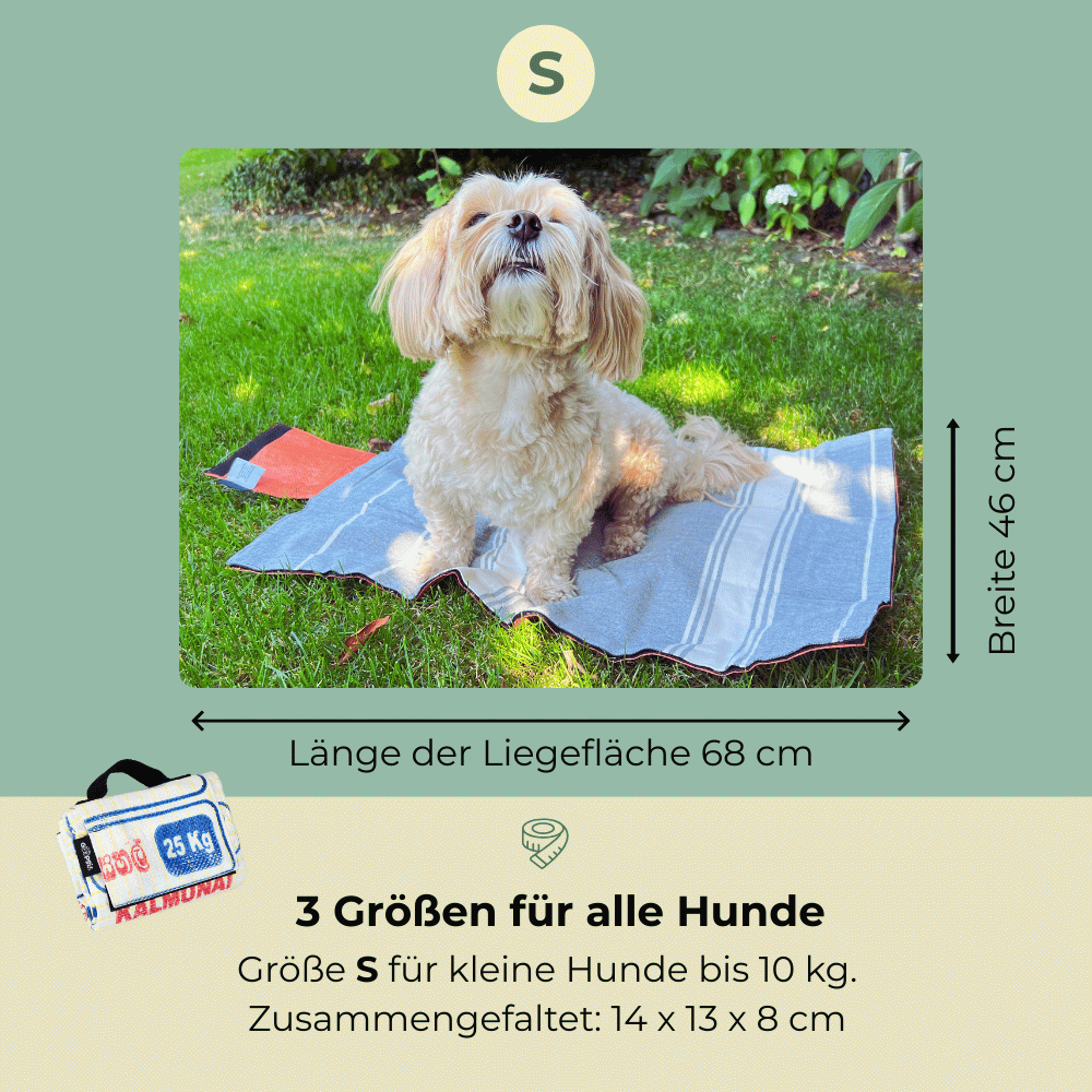 Hundedecke Größe S (68×46 cm) mit kleinem Hund, faltbar auf 14×13×8 cm