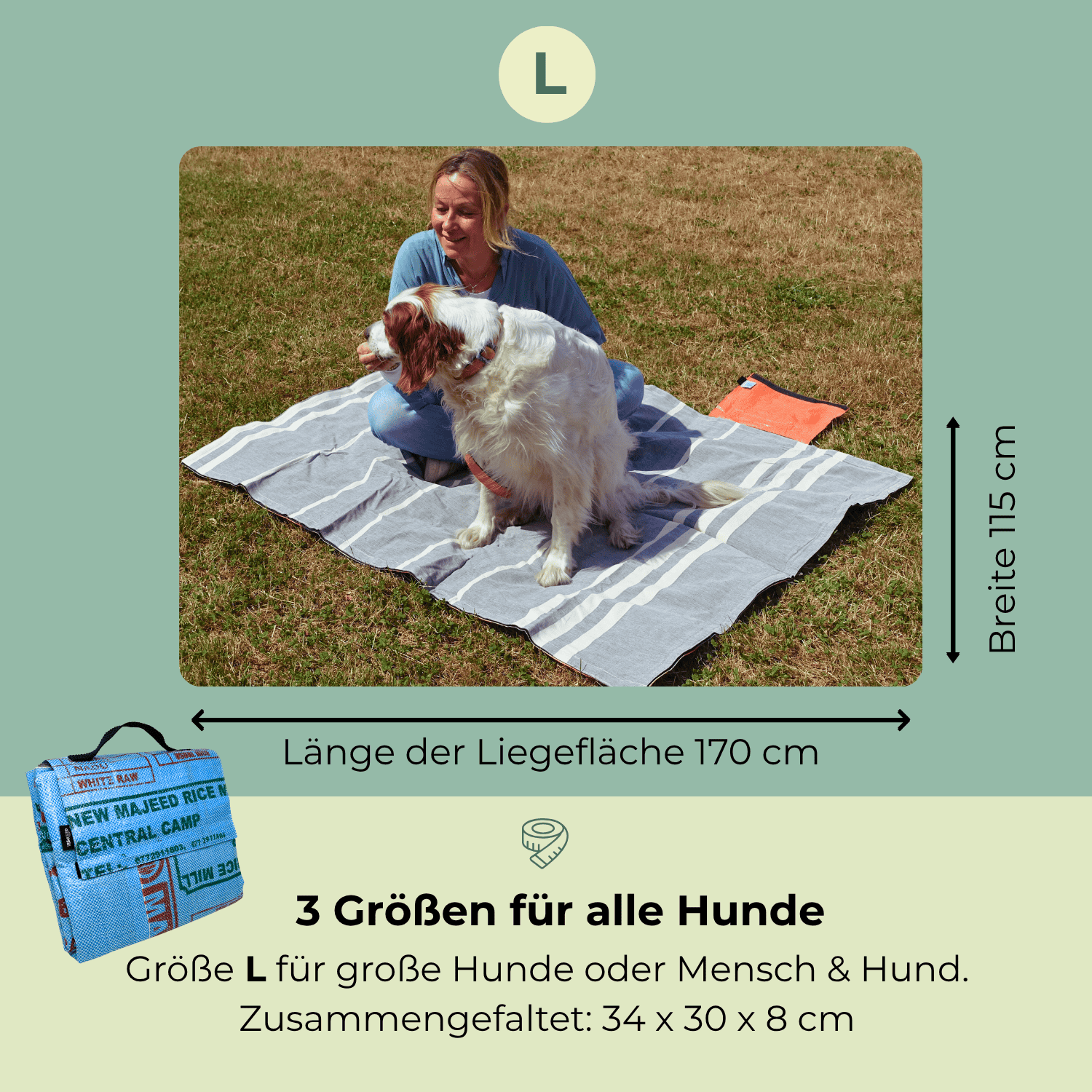 Hundedecke Größe L (170×115 cm) mit Frau und großem Hund, faltbar auf 34×30×8 cm