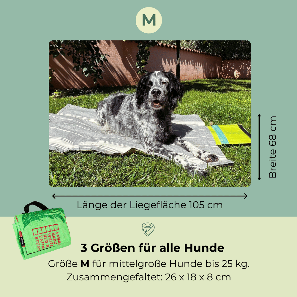 Hundedecke Größe M (105×69 cm) mit mittelgroßem Hund, faltbar auf 26×18×8 cm