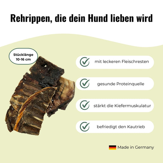 Rehrippen mit Fleisch getrocknet, 10-16 cm lange Stücke, stärkt die Kiefermuskulatur, befriedigt den Kautrieb