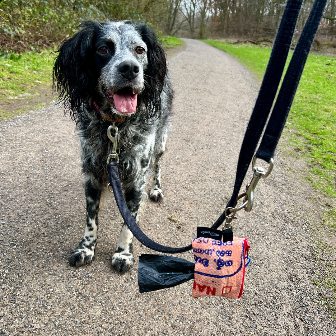 Goopsi nachhaltiger Kotbeutelspender Kotbeuteltasche upcycling Poop bag aus Reissack mit Edelstahlkarabiner zum Befestigen an Leine oder Gürtelschlaufe für gängige Kotbeutelrollen (bis 6cm) geeignet fairtrade