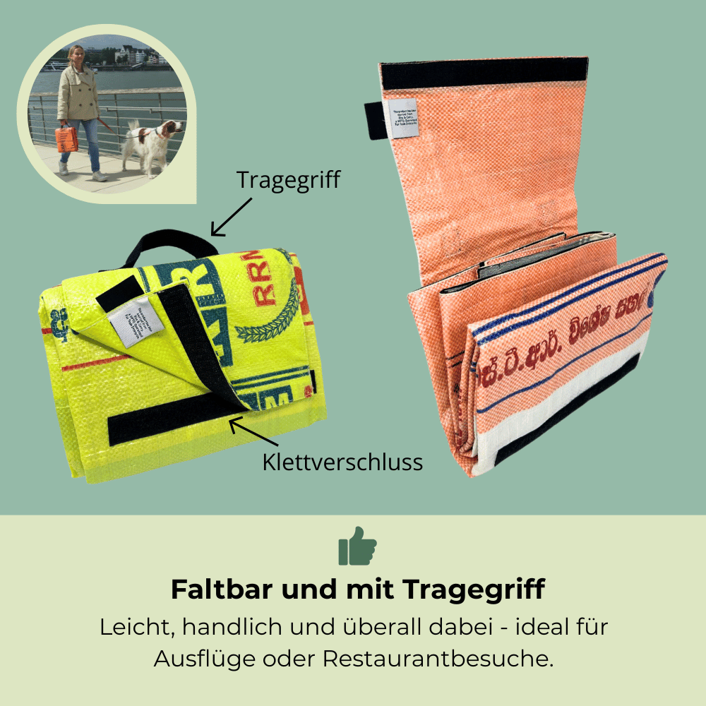 Outdoor Hundedecke mit Tragegriff und im gefalteten Zustand, Verschluss mit Klettband - ideal zum Mitnehmen.