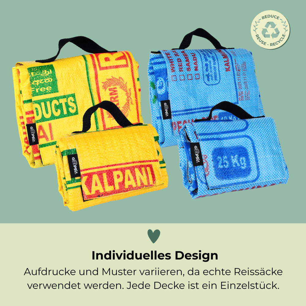 Verschiedene handgemachte Hundedecken aus echten Reissäcken mit individuellen Mustern – jede Picknickdecke mit einzigartigem Print