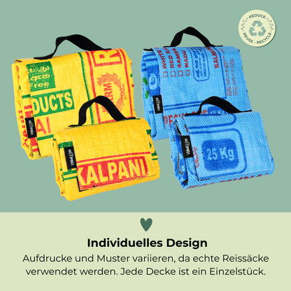 Verschiedene handgemachte Hundedecken aus echten Reissäcken mit individuellen Mustern – jede Picknickdecke mit einzigartigem Print