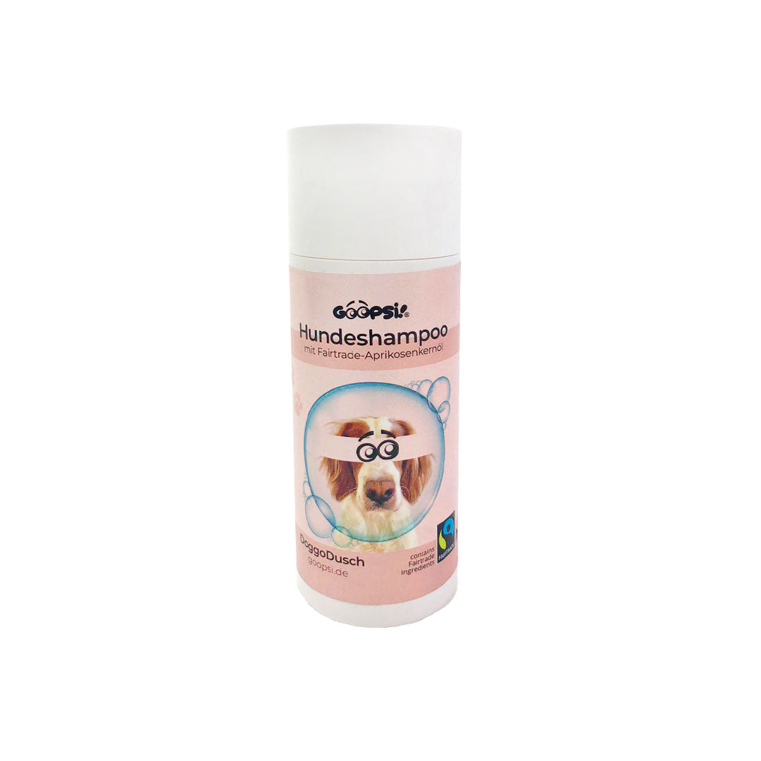 Goopsi Hundeshampoo für sensible Hundehaut mit wertvollen Ölen wie Aprikosenkernöl, Olivenöl und pflegenden Inhaltsstoffen aus fairem Handel