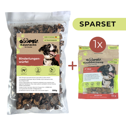 Rinderlungenwürfel 500g + Hundeleckerlis Rind (1x 125g) im Sparset