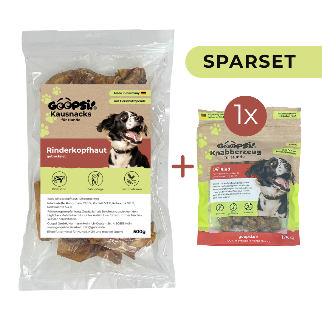 Rinderkopfhaut 500g + Hundeleckerlis Rind (1x125g) im Sparset