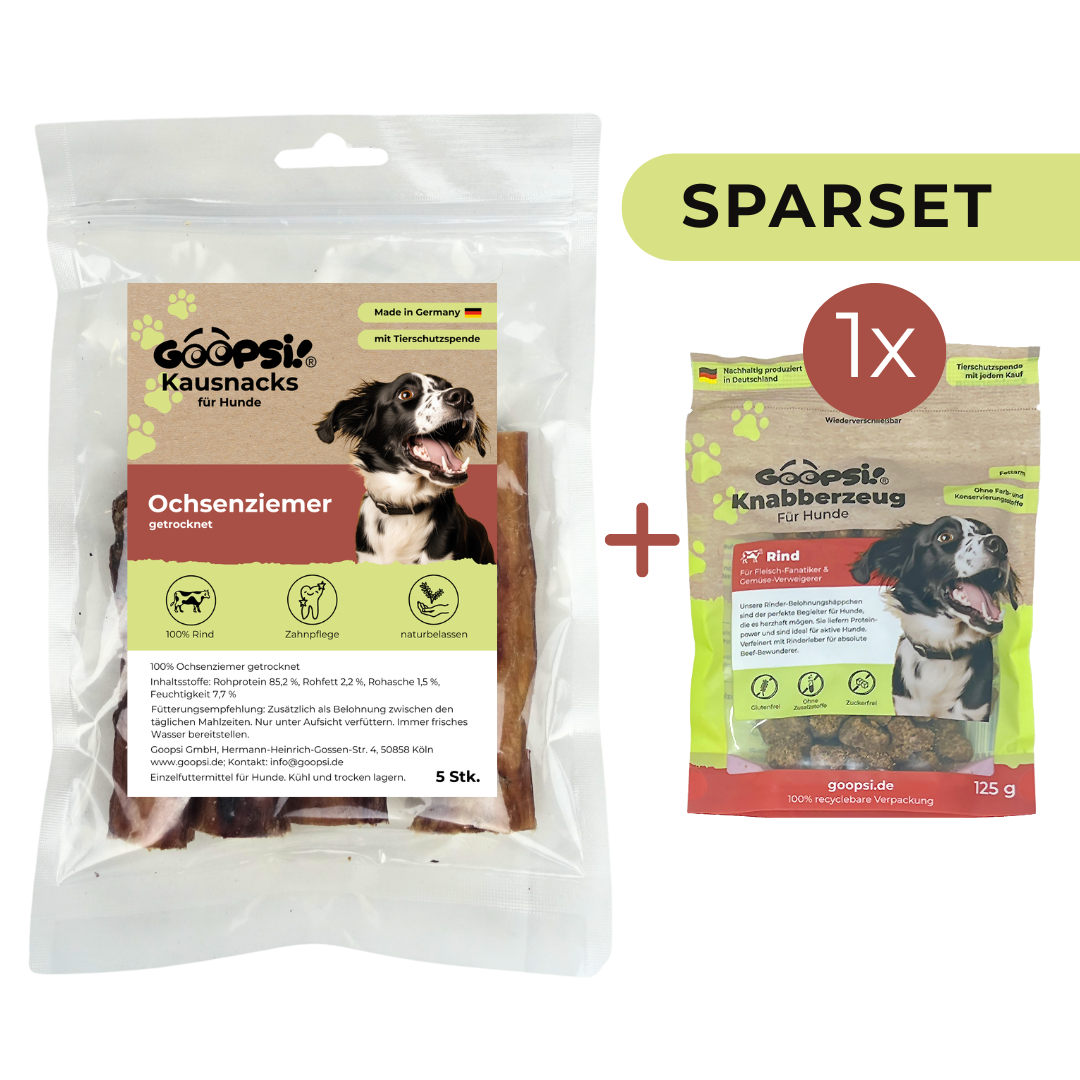 Ochsenziemer 5 Stk. + Hundeleckerlis Rind (1 x 125g) im Sparset