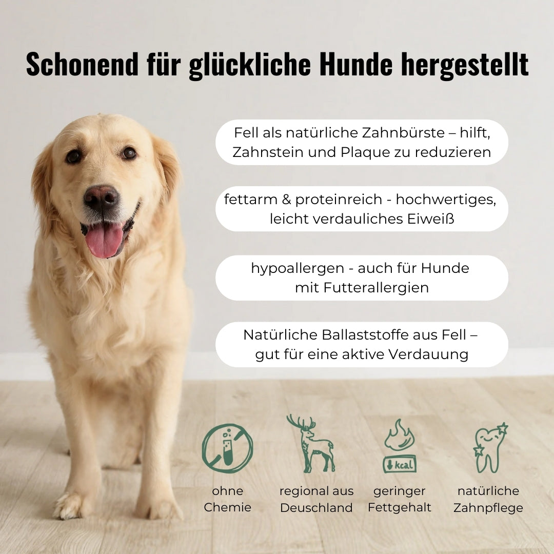 Rehohren mit Fell für Hunde, getrocknet