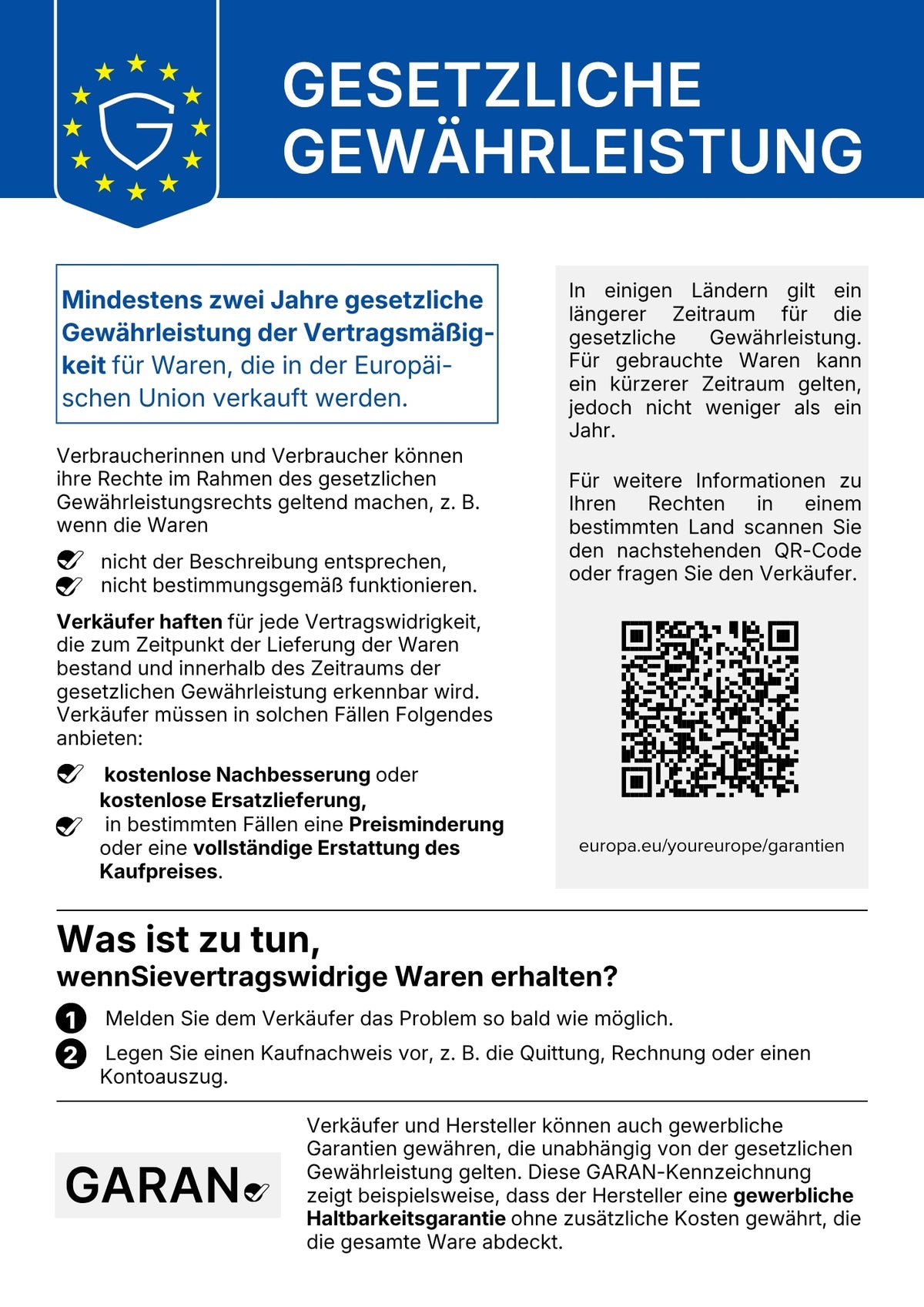EU-Hinweis: gesetzliche Gewährleistung von mindestens zwei Jahren
