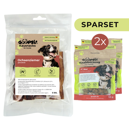 Ochsenziemer 5 Stk. + Hundeleckerlis Rind (2 x 125g) im Sparset