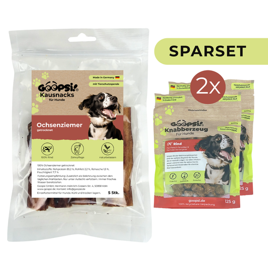 Ochsenziemer 5 Stk. + Hundeleckerlis Rind (2 x 125g) im Sparset