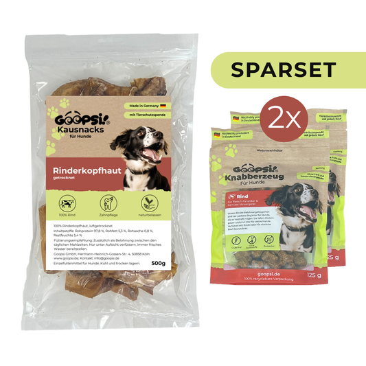 Rinderkopfhaut 500g + Hundeleckerlis Rind (2x125g) im Sparset