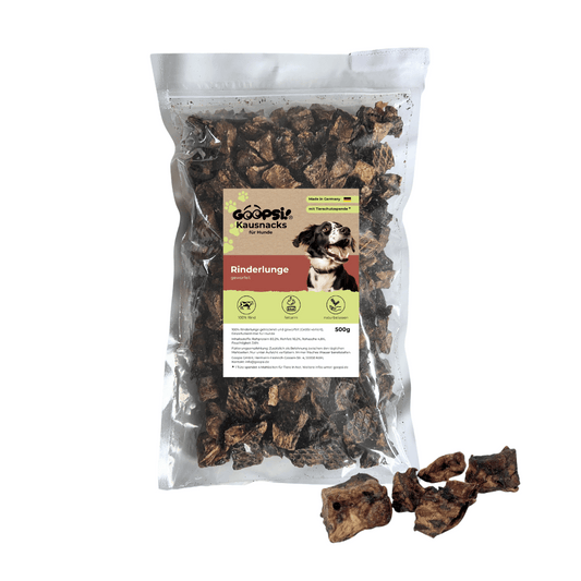 Goopsi Rinderlunge gewürfelt – fettarmer Hundesnack aus Fleisch deutscher Rinder, schonend getrocknet, 2–4 cm große Stücke