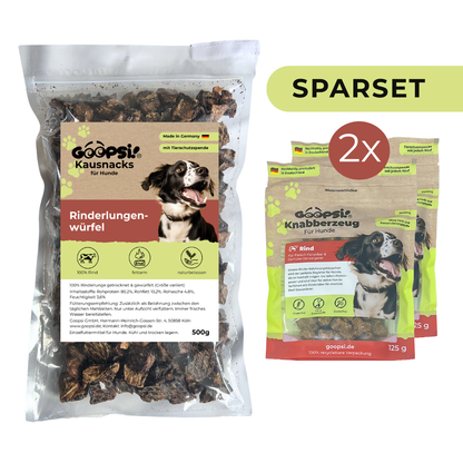 Rinderlungenwürfel 500g + Hundeleckerlis Rind (2x 125g) im Sparset