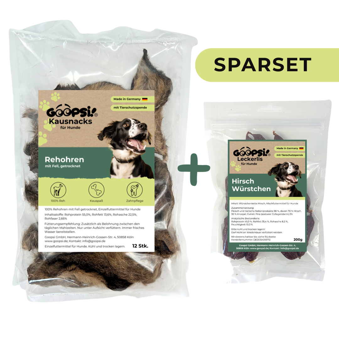 Wild Set Kausnack für Hunde: Rehohren 12 Stk. + Endlos Würstchen Hirsch 200g