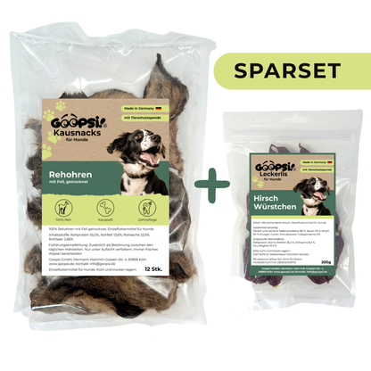 Wild Set Kausnack für Hunde: Rehohren 12 Stk. + Endlos Würstchen Hirsch 200g