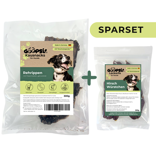 Wild Set Kausnack für Hunde: Rehrippen 300 g + Endloswürstchen Hirsch 200 g
