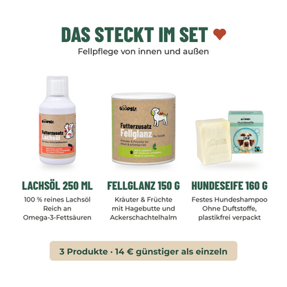 Kennenlern-Set Fellpflege: Lachsöl 250 ml, Fellglanz 150 g und Hundeseife 160 g – 14 € günstiger als einzeln